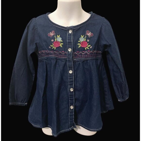 Real Love Girls Button Front Jean Shirt Size 4T Embroidered Flowers Long Sleeve - Picture 4 of 9